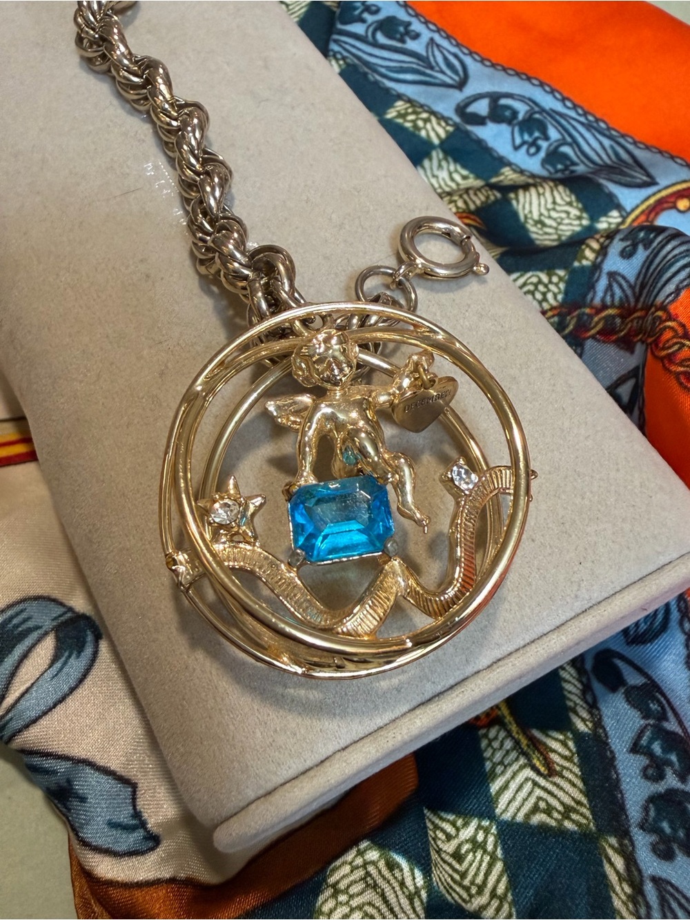 December Angel Charm Bracelet Blue Stone Gold Tone Statement Jewelry